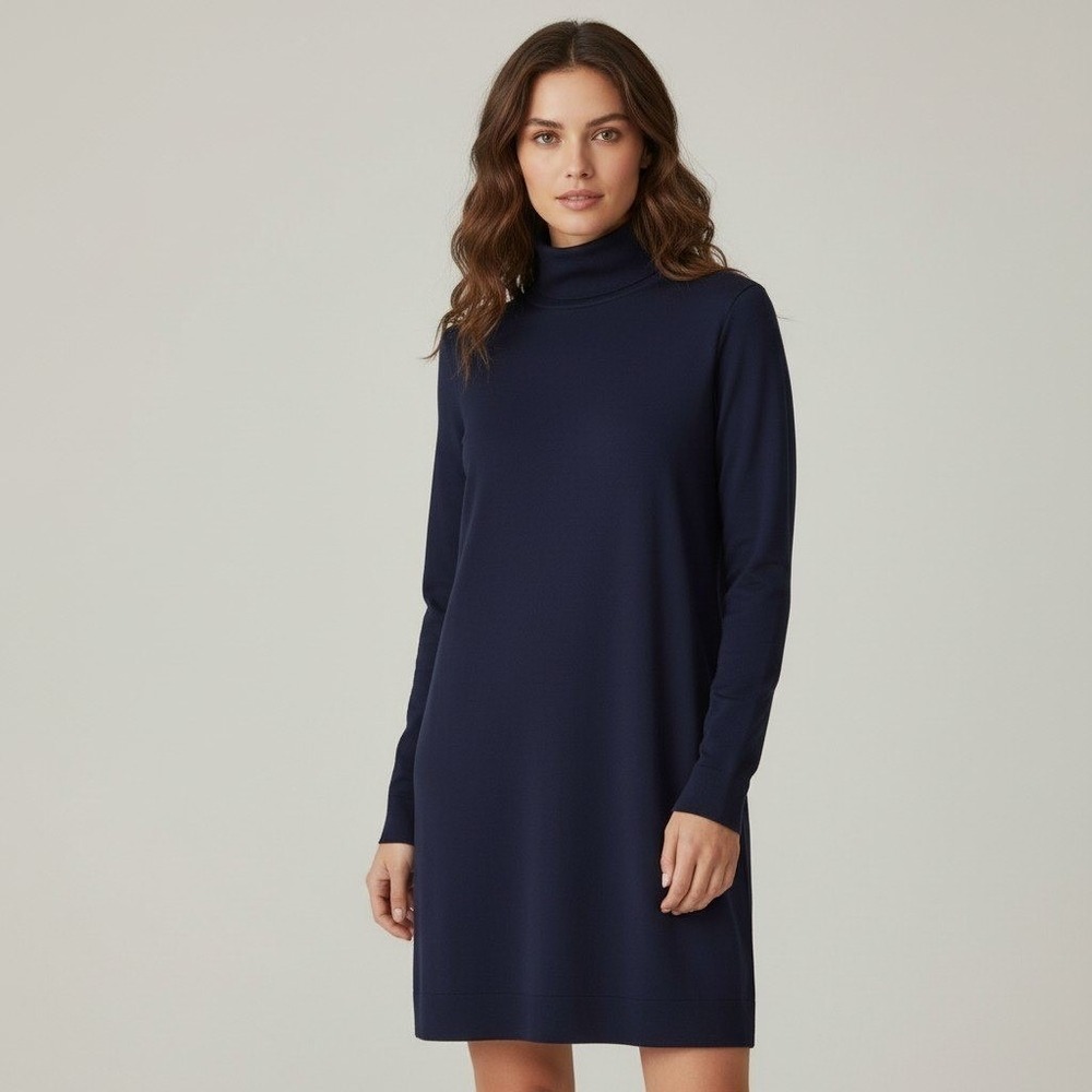 COS Navy Blue Turtleneck Shift Dress Long Sleeve Wool Blend Collar Size US 4